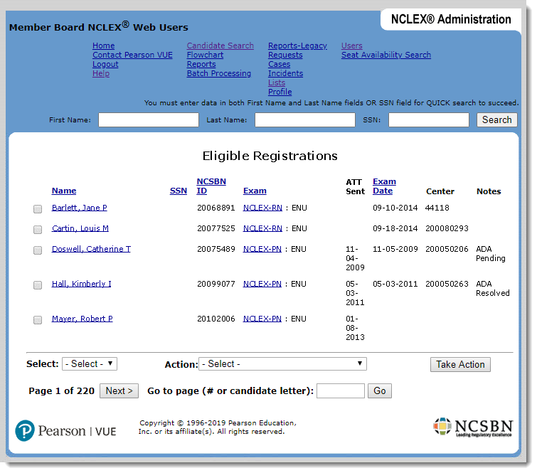 Eligible Registrations page Eligible Registrations page with controls to change the eligibility status.