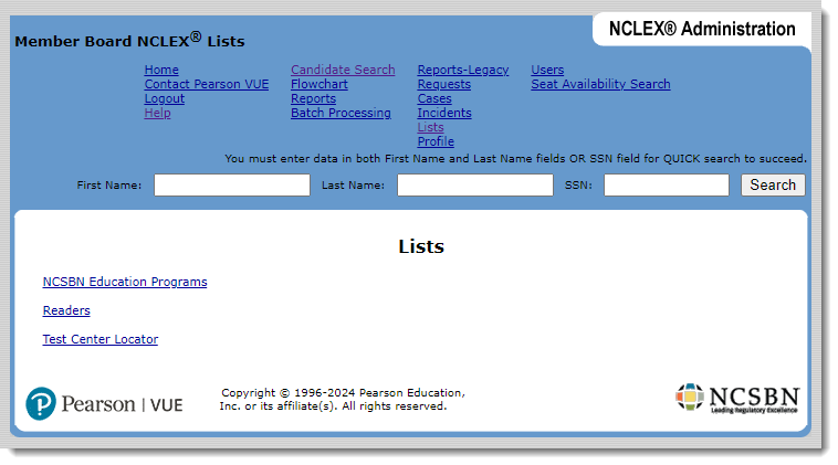 Lists page with links to NCSB Education Programs, Readers, and Test Center Locator pages.