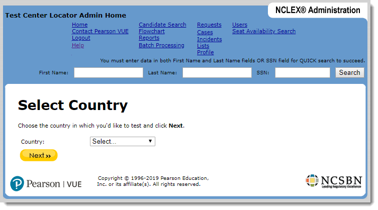 Select Country page where users select the desired country from the drop-down list..