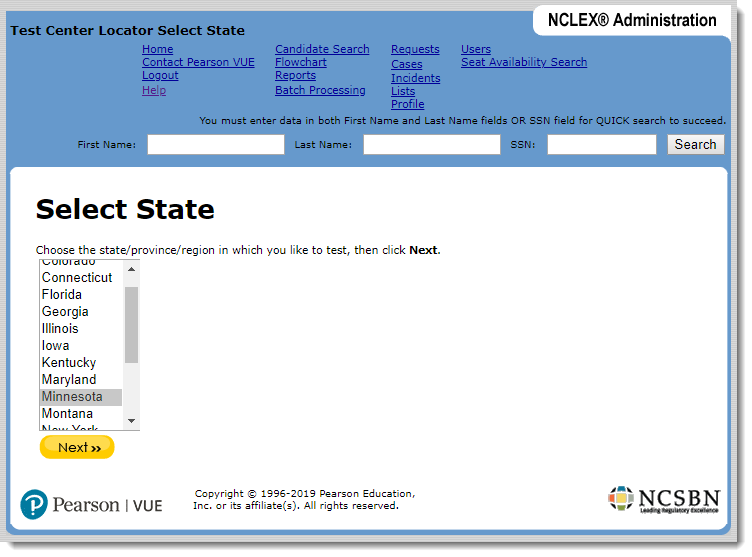 Select State page where users select the desired state from the drop-down list.