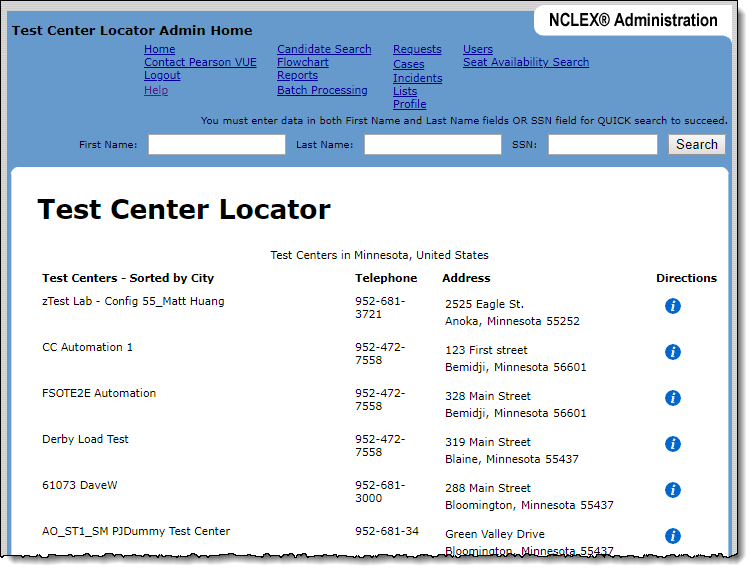 Test Center Locator page where the results of the search criteria are displayed.