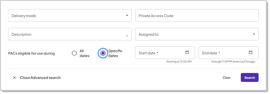 Search Private Access Codes