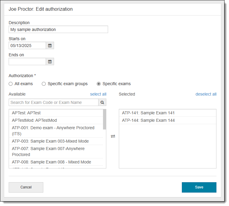 Edit Proctor Exam Authorizations